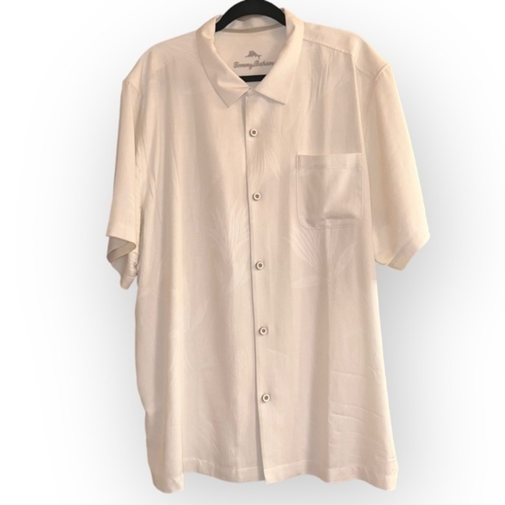 Men’s Tommy Bahama Jungle Jive Silk Short Sleeve Ivory Button Up Collared Shirt